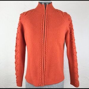 Mercer & Madison Orange Pompoms 100% Lambs Wool Cardigan Zip up Sweater